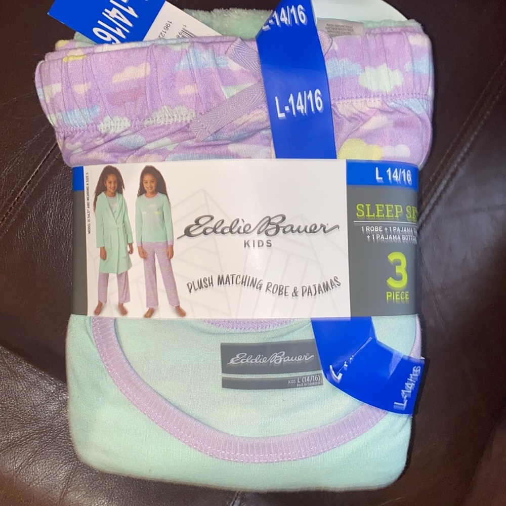 NEW|EDDIE BAUER 3 PIECE PLUSH PAJAMAS & ROBE SLEEP SET AQUA SKY |SIZE:L (14/16)